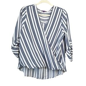 West Kei Allan Surplice Rolltab High Low Blue White Striped Blouse M